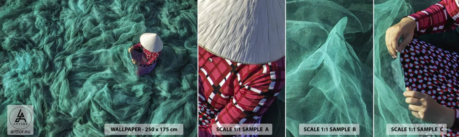 Provbit av självhäftande fototapet Deluxe Sticker - I nätens hav - Fiskenät, Kvinna, Vietnam - 100x30 cm