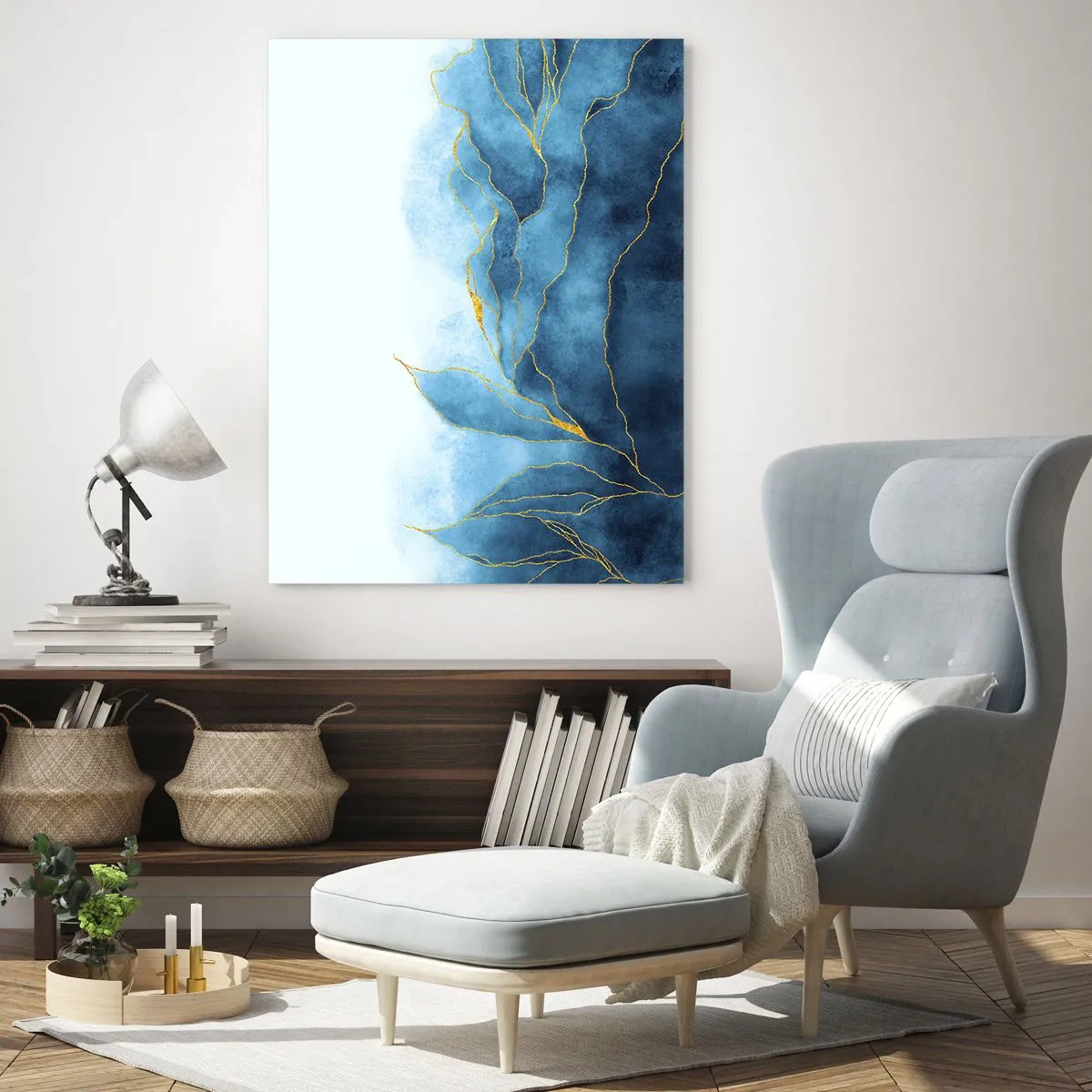 Glastavla - Bild på glas - Blått i guld - 50x70 cm