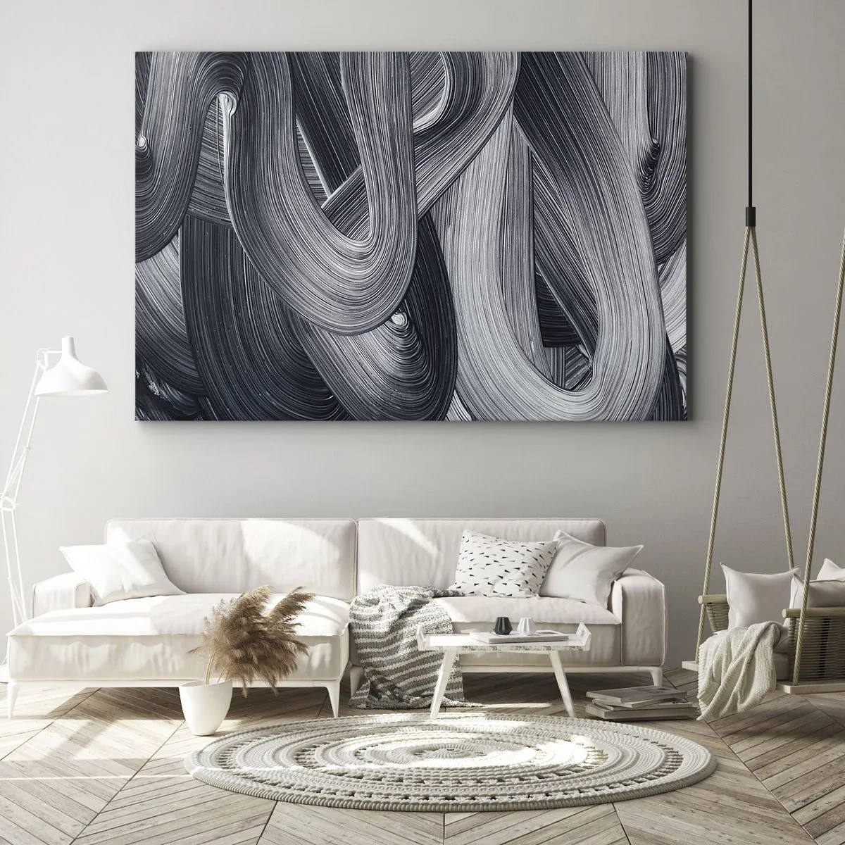 Canvastavla - Bild på duk - Svartvit abstraktion med dynamiska penseldrag. - 70x50cm - Verklighetens flythet - Modern väggdekoration för vardagsrum och sovrum ARTTOR