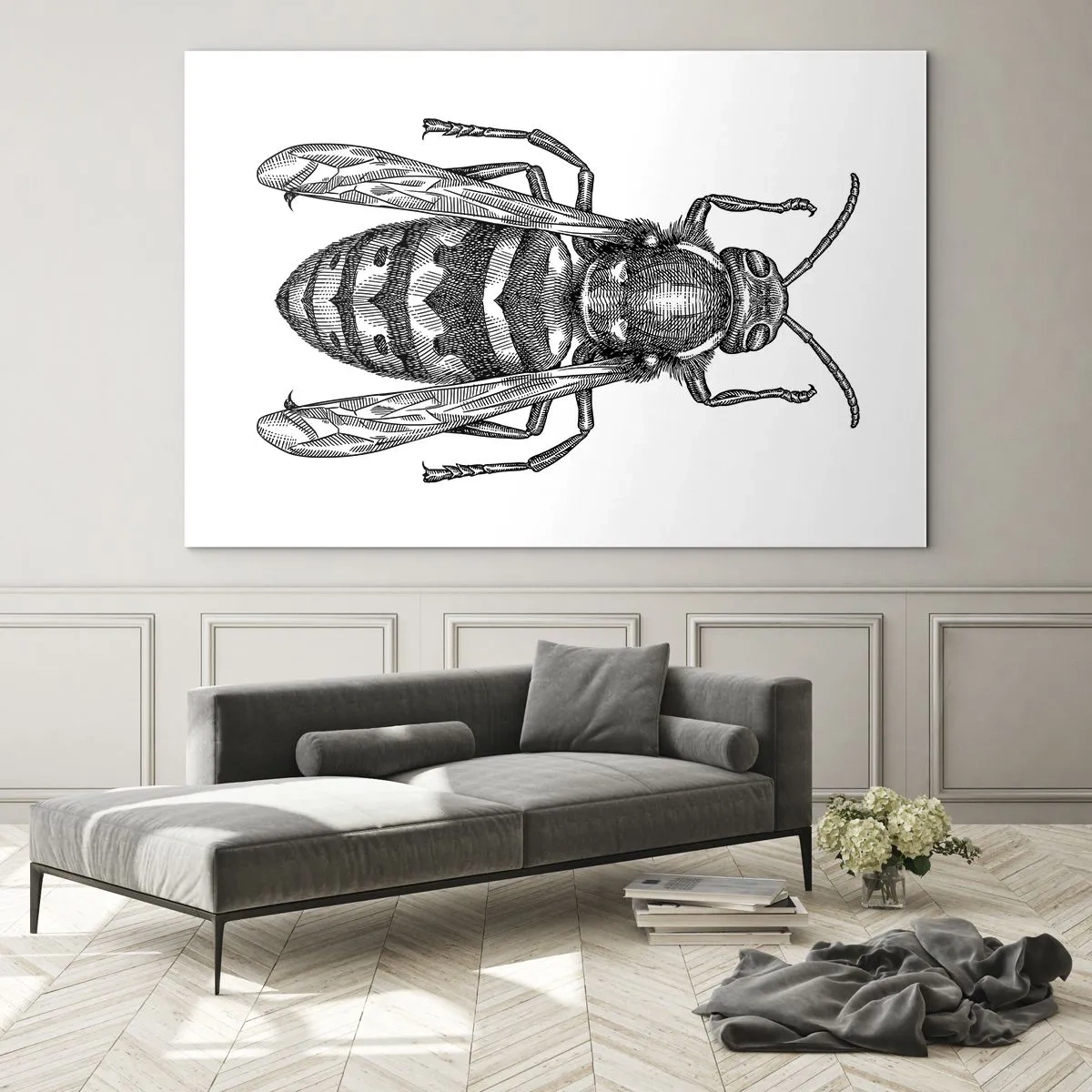 Glastavla - Bild på glas - Svartvit retro illustration av en geting på vit bakgrund - 70x50cm - Från insektplaneten  - Modern väggdekoration för vardagsrum och sovrum ARTTOR