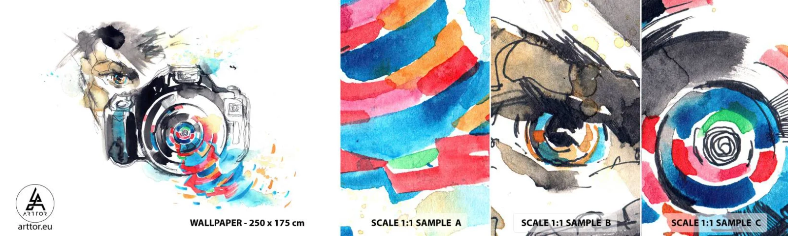 Provbit av självhäftande fototapet Deluxe Sticker - I objektivets öga - Abstraktion, Kamera, Fotograf - 100x30 cm