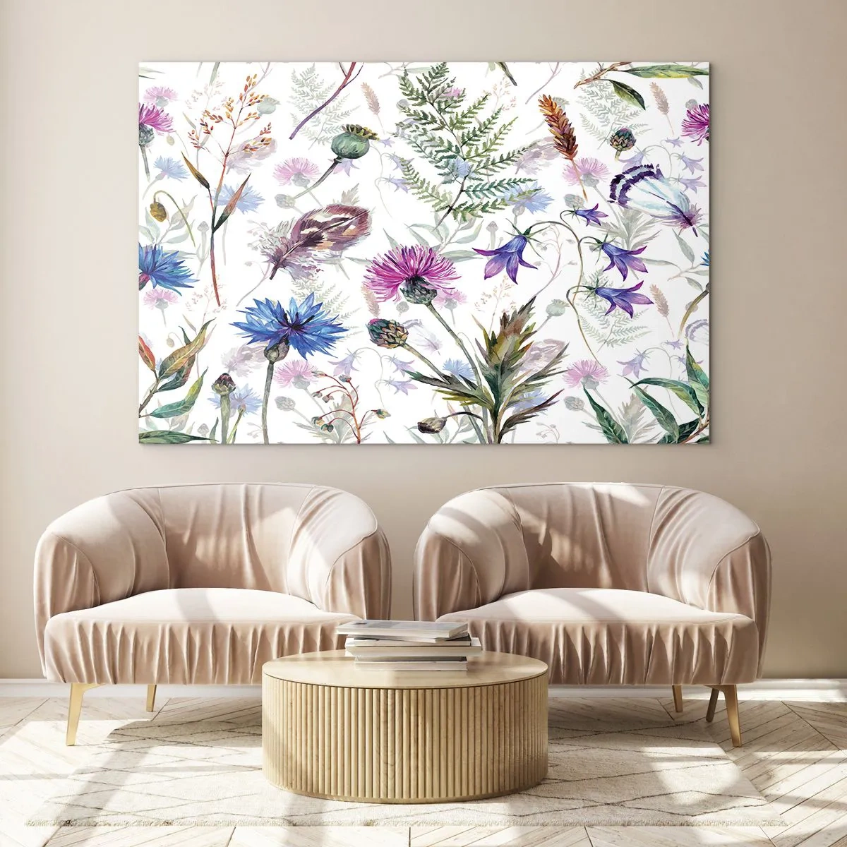 Glastavla - Bild på glas - Teckningar av vildblommor och löv mot en ljus bakgrund - 70x50cm - Polska örter - Modern väggdekoration för vardagsrum och sovrum ARTTOR