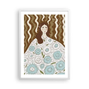 Affisch i vit ram - Porträtt i blommig mantel - 50x70 cm
