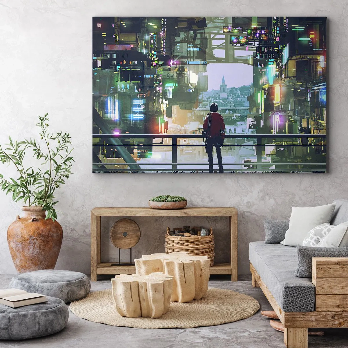 Canvastavla - Bild på duk - En figur i en futuristisk stad med neonljus - 70x50cm - Två världar - Modern väggdekoration för vardagsrum och sovrum ARTTOR
