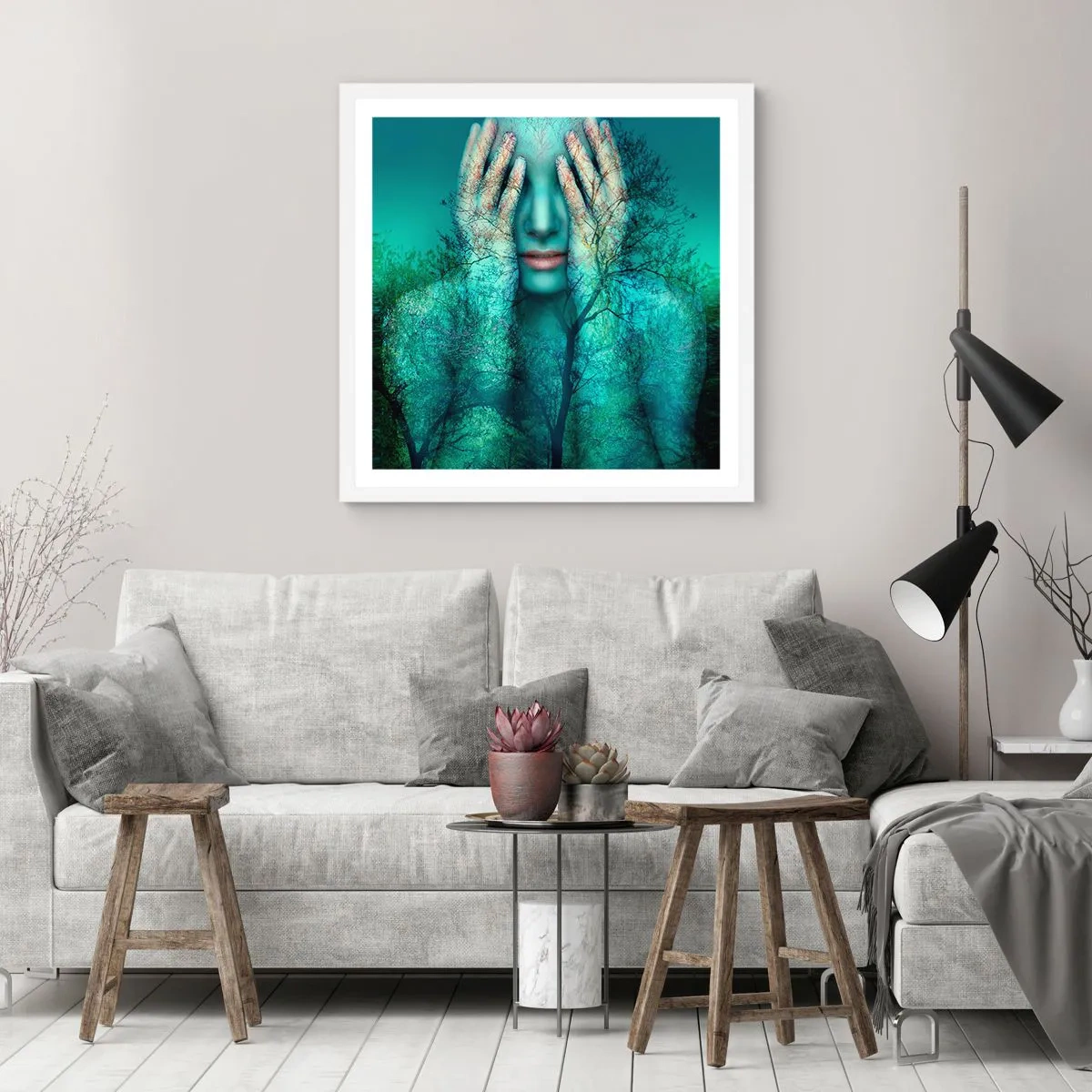 Affisch i vit ram - Doppad i blått - 50x50 cm