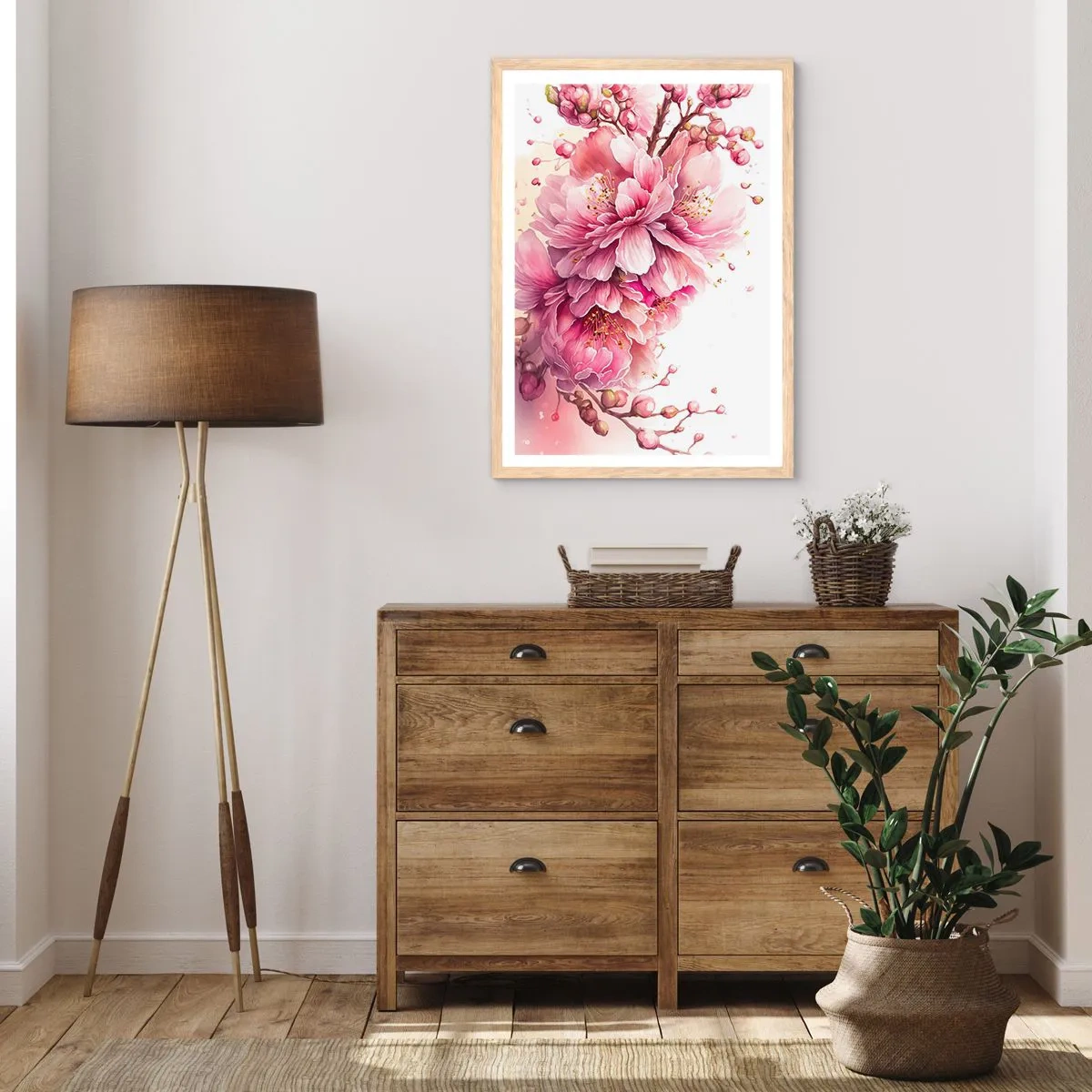 Affisch i ram av ljusek - Blommande körsbärsblomma - 61x91 cm