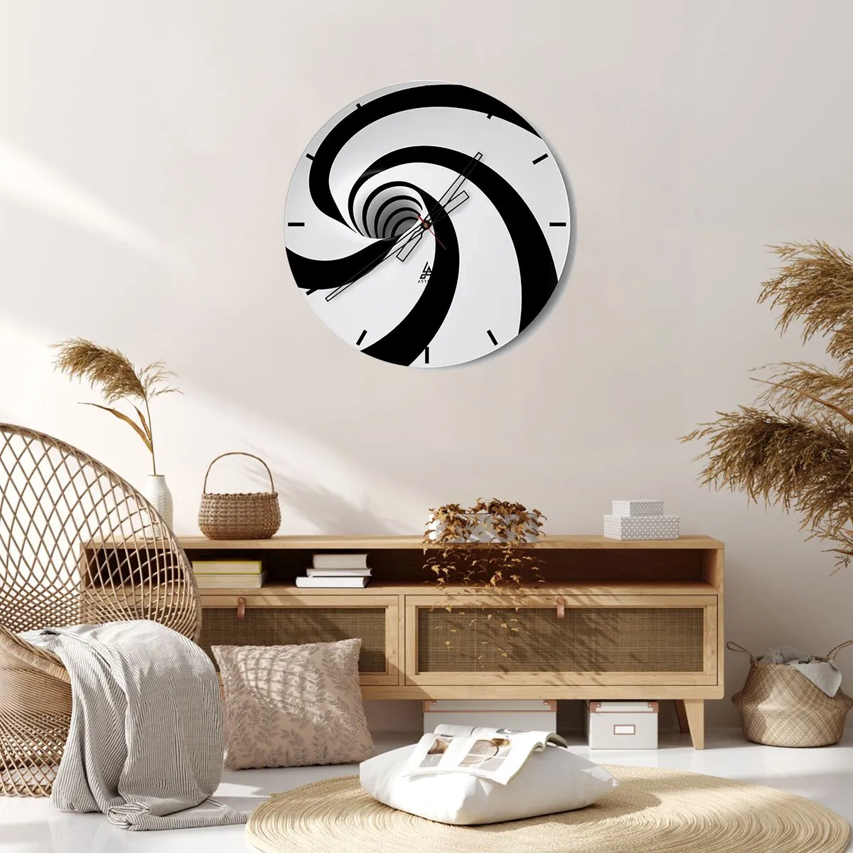 Väggklocka - Klocka på glas - Dynamisk svartvit spiral - 30x30cm - Underkasta sig virveln? - Modern väggdekoration för vardagsrum, kök och sovrum ARTTOR