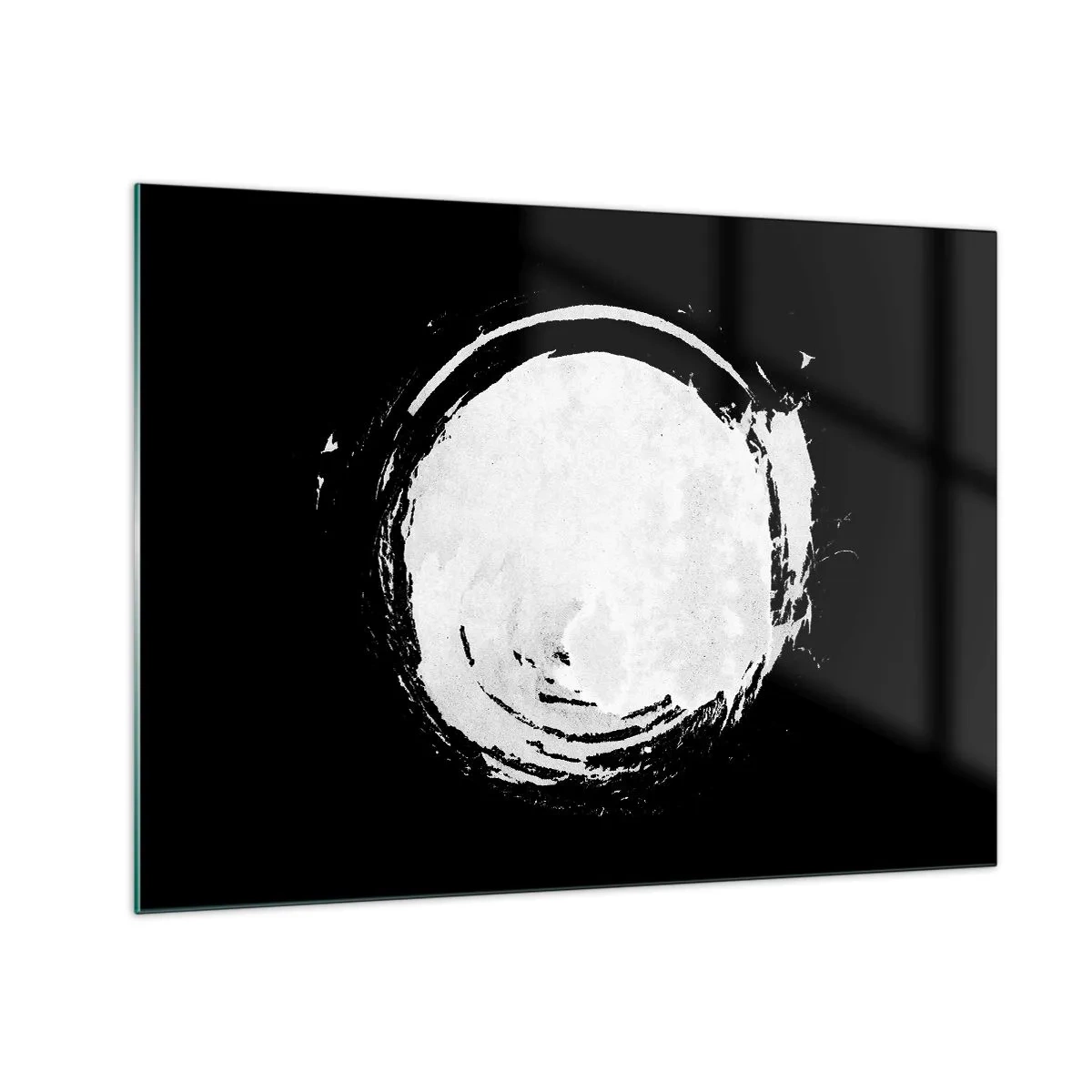 Glastavla - Bild på glas - Vit abstrakt cirkel på svart bakgrund - 70x50cm - Den goda vägen ut - Modern väggdekoration för vardagsrum och sovrum ARTTOR