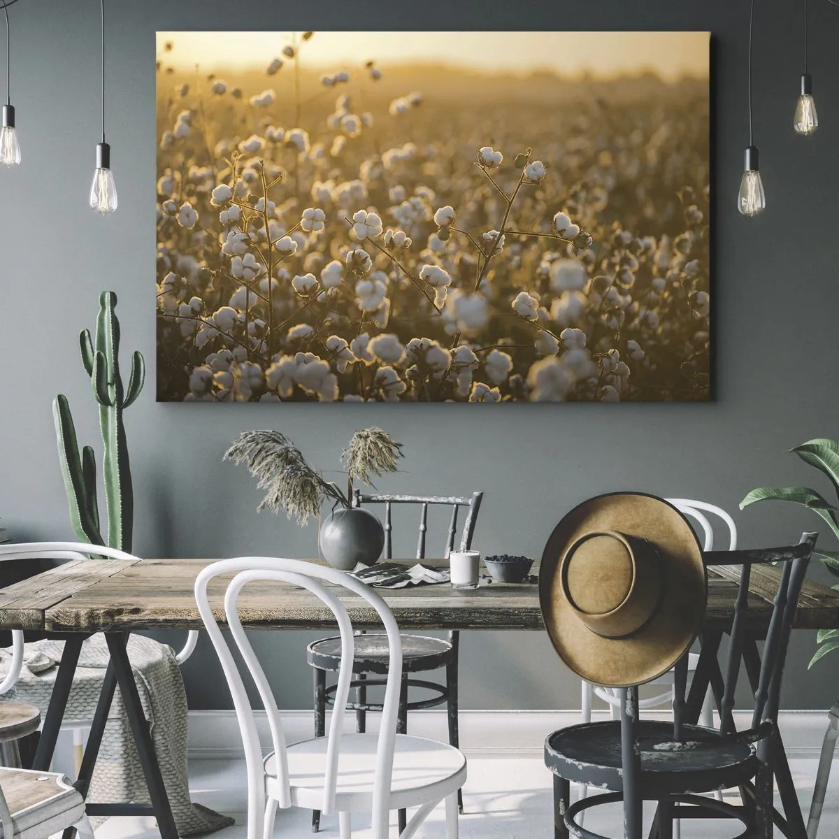 Canvastavla - Bild på duk - Ett bomullsfält i det varma ljuset från den nedgående solen - 70x50cm - Fluffigt fält - Modern väggdekoration för vardagsrum och sovrum ARTTOR
