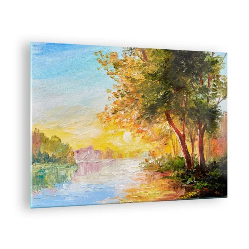 Glastavla - Bild på glas - Sjö med träd vid solnedgången - 70x50cm - Et in Arcadia ego - Modern väggdekoration för vardagsrum och sovrum ARTTOR