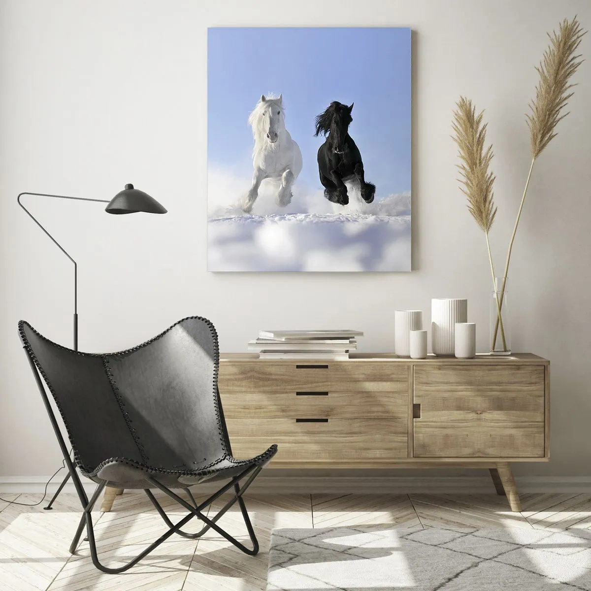 Glastavla - Bild på glas - Svart-vit galopp - 50x70 cm
