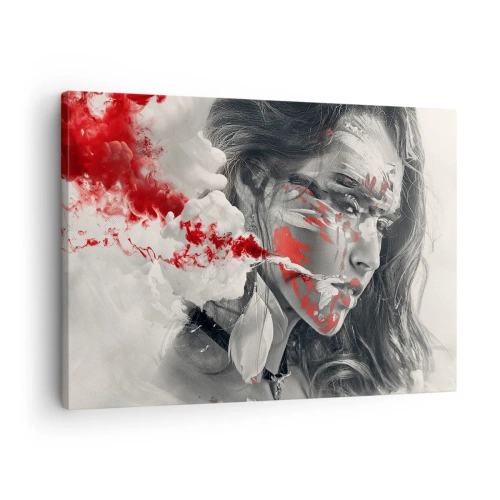 Canvastavla - Bild på duk - Konstnärligt porträtt av en kvinna med abstrakta röda accenter - 70x50cm - Röd-vit absurdhet - Modern väggdekoration för vardagsrum och sovrum ARTTOR