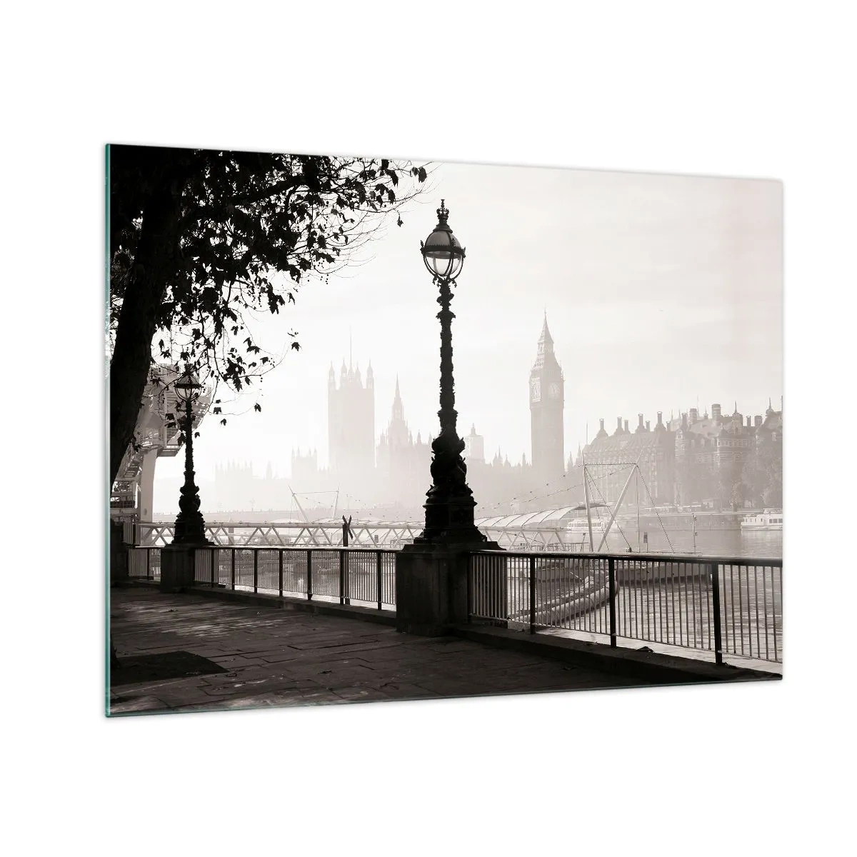 Glastavla - Bild på glas - Svartvitt fotografi av Londons strandpromenad med Big Ben - 70x50cm - Morgon i London - Modern väggdekoration för vardagsrum och sovrum ARTTOR