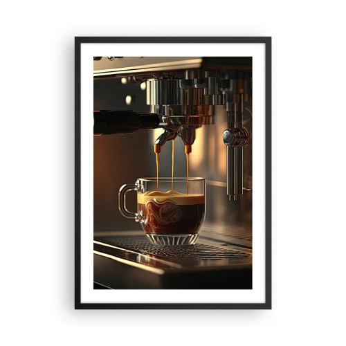 Affisch i svart ram - En kaffemaskin som häller espresso i en kopp - 50x70cm - En sensuell blandning - Modern väggdekoration för vardagsrum och sovrum ARTTOR