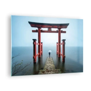 Glastavla - Bild på glas - En röd torii över lugnt vatten i en dimmig miljö - 70x50cm - Japansk begrundan - Modern väggdekoration för vardagsrum och sovrum ARTTOR