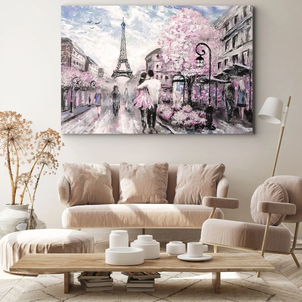 Canvastavla - Bild på duk - En romantisk promenad i Paris vid Eiffeltornet - 70x50cm - Bli kär bara i... - Modern väggdekoration för vardagsrum och sovrum ARTTOR