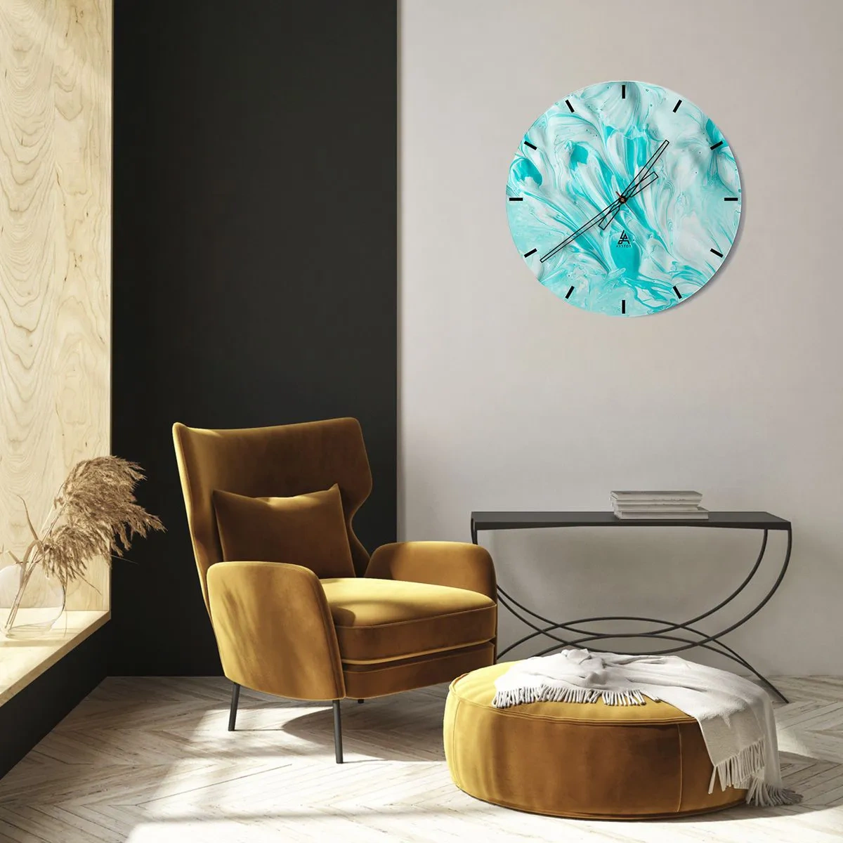 Väggklocka - Klocka på glas - Abstrakt mönster i nyanser av turkos och vitt - 30x30cm - Alltid tillsammans - Modern väggdekoration för vardagsrum, kök och sovrum ARTTOR
