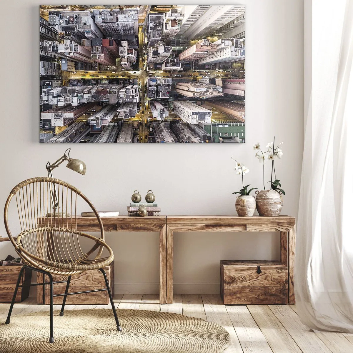 Canvastavla - Bild på duk - Ett fågelperspektiv över en stad full av skyskrapor - 70x50cm - Hälsningar från Hongkong - Modern väggdekoration för vardagsrum och sovrum ARTTOR