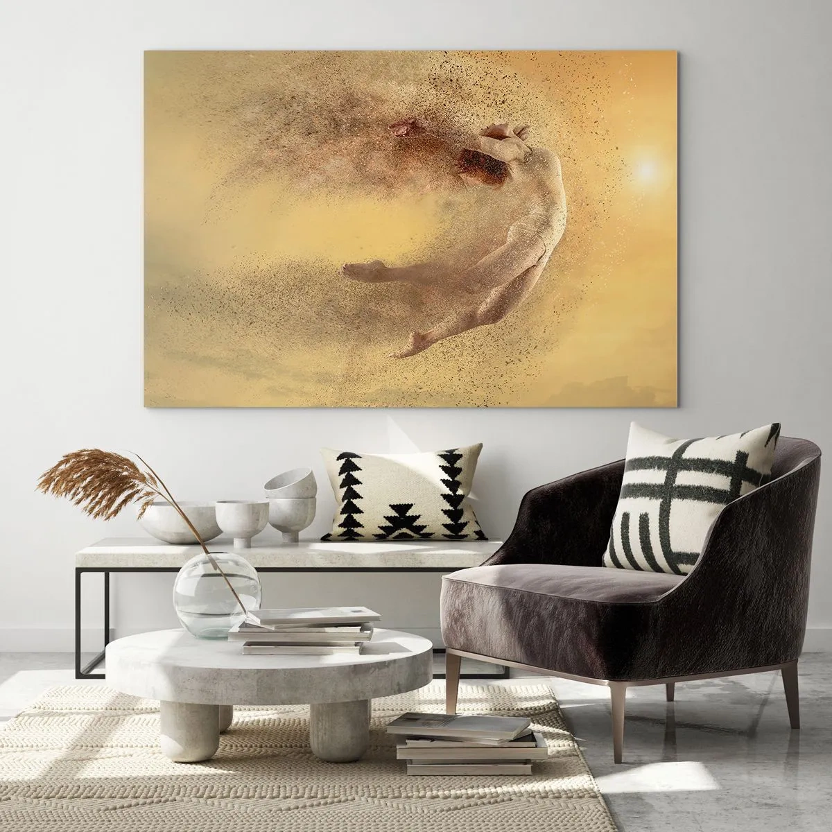 Glastavla - Bild på glas - En dansare i en dynamisk komposition mot en gyllene bakgrund - 70x50cm - Dansextas - Modern väggdekoration för vardagsrum och sovrum ARTTOR