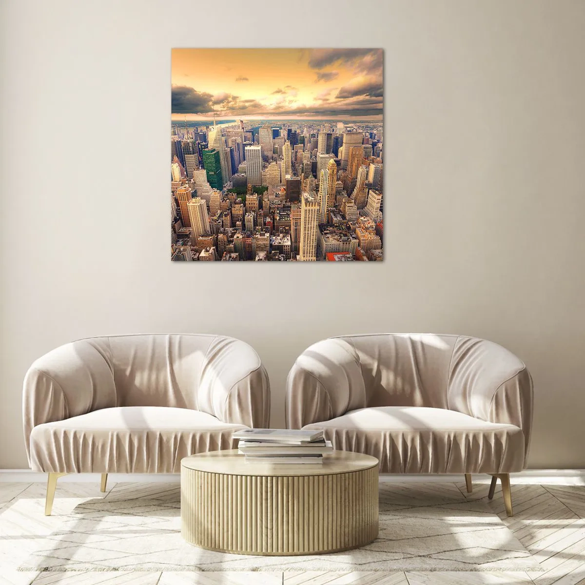 Glastavla - Bild på glas - Förgylld metropolis - 70x70 cm