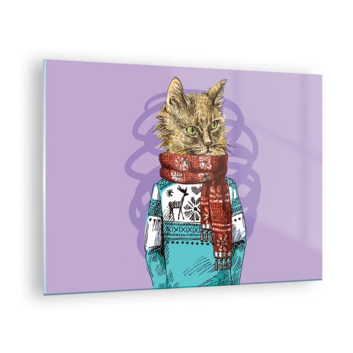 Glastavla - Bild på glas - En katt i en tröja och halsduk på en lila bakgrund - 70x50cm - Mästerkatten - Modern väggdekoration för vardagsrum och sovrum ARTTOR