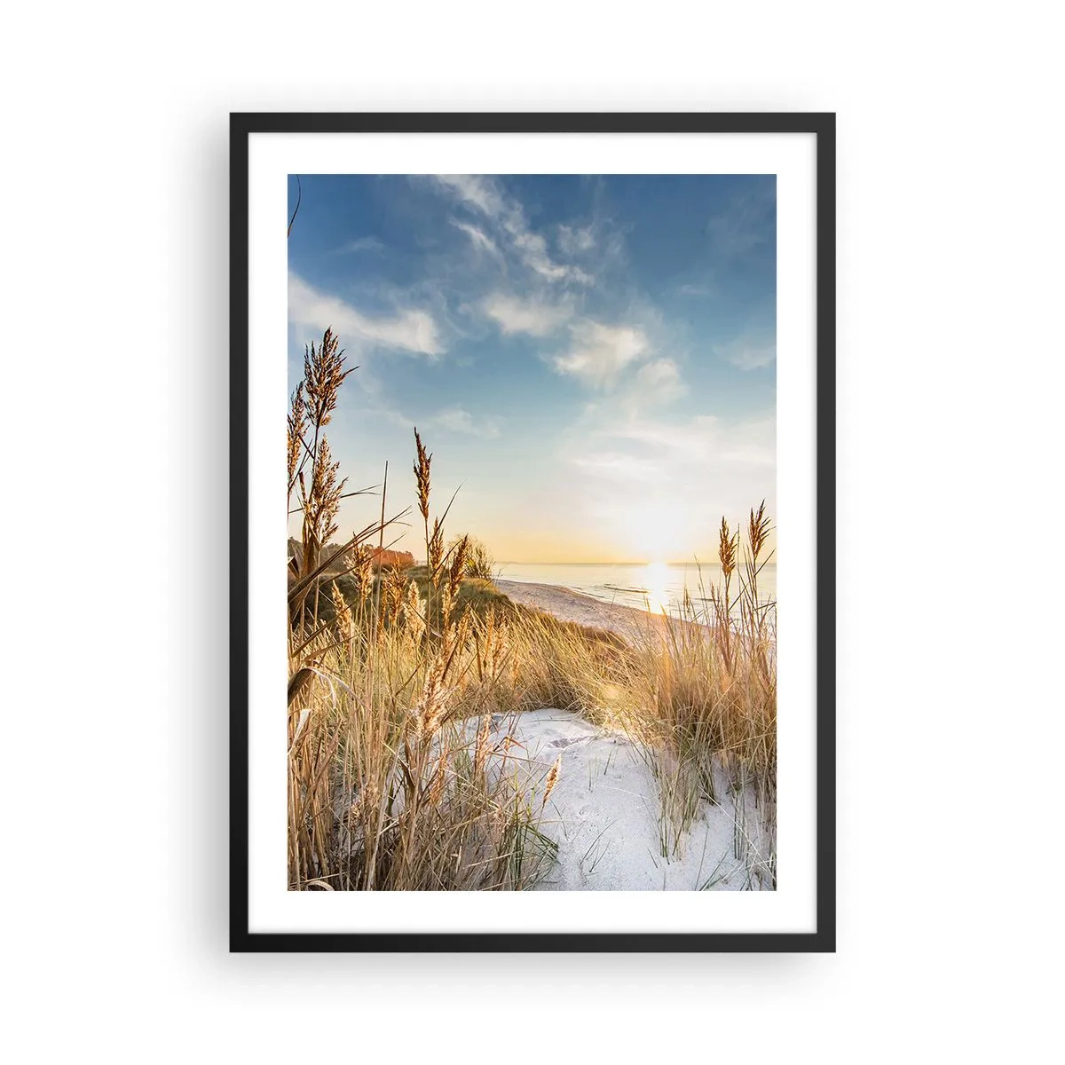 Affisch i svart ram - Soligt strandlandskap med gräs på sanddynerna - 50x70cm - Nordlig strand - Modern väggdekoration för vardagsrum och sovrum ARTTOR