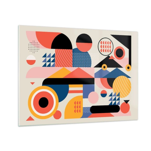 Glastavla - Bild på glas - Färgglad geometrisk abstraktion med cirklar och trianglar - 70x50cm - Komposition: Lek - Modern väggdekoration för vardagsrum och sovrum ARTTOR
