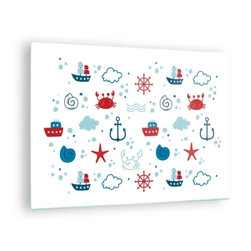 Glastavla - Bild på glas - Nautiska mönster med krabbor, ankare och skepp - 70x50cm - Marin saga - Modern väggdekoration för vardagsrum och sovrum ARTTOR