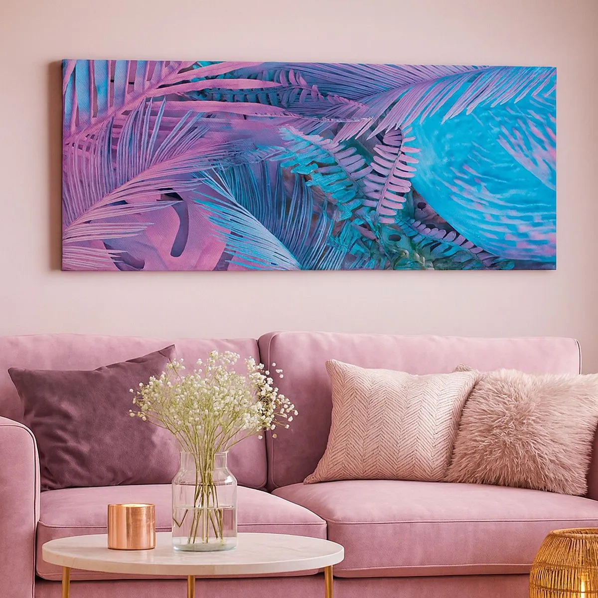 Canvastavla - Bild på duk - Tropiken i rosa och blått - 100x40 cm