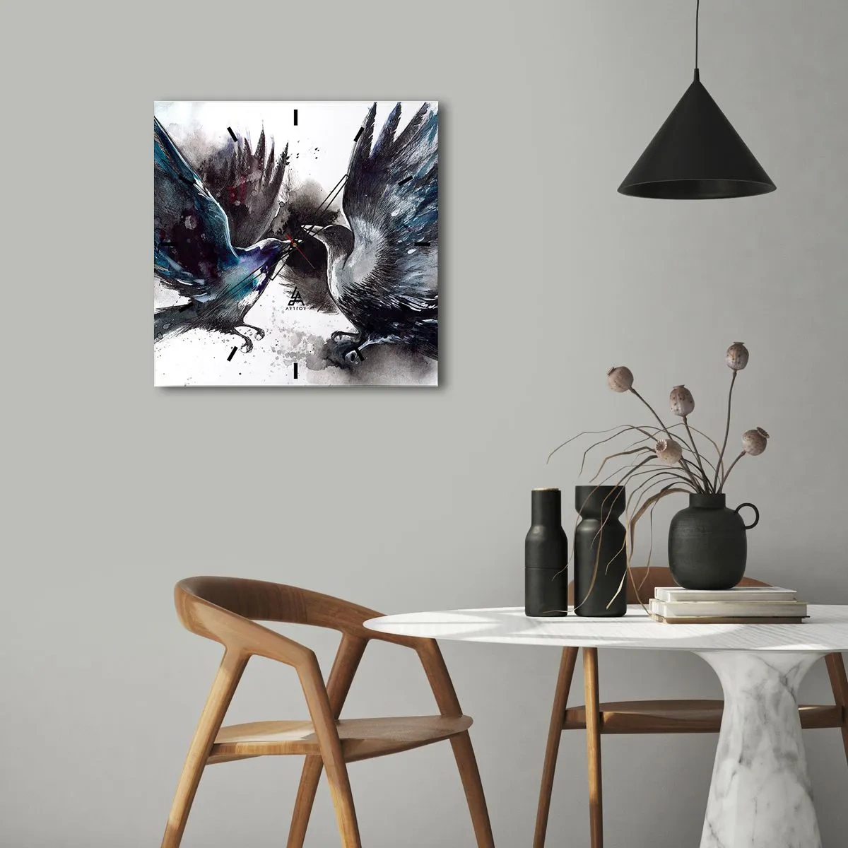 Väggklocka - Klocka på glas - Som två korpar... - 40x40 cm