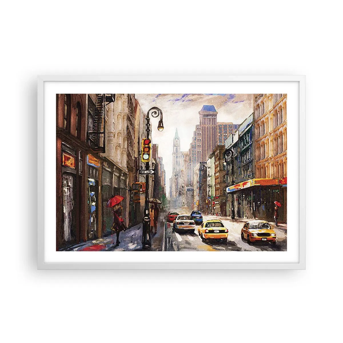 Affisch i vit ram - New York - färgglad också i regnet - 70x50 cm