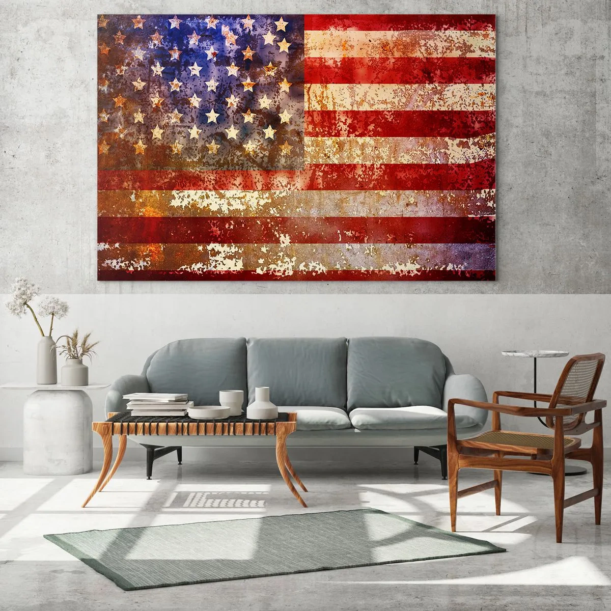 Glastavla - Bild på glas - Rostig amerikansk flagga - 70x50cm - Äran är tidlös - Modern väggdekoration för vardagsrum och sovrum ARTTOR