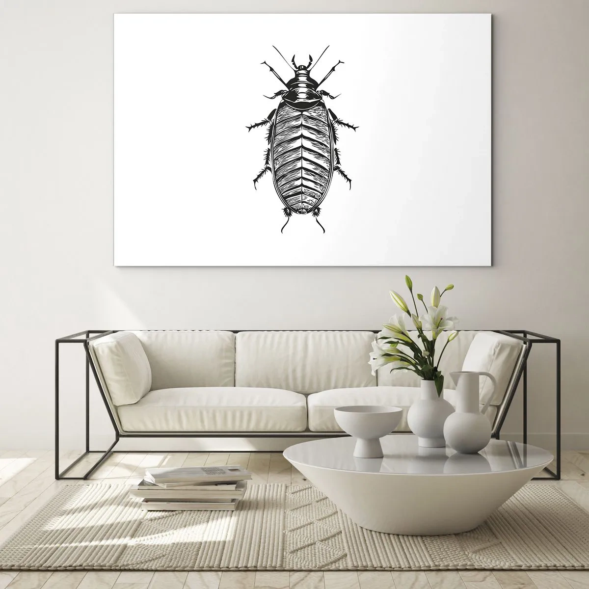 Glastavla - Bild på glas - Svartvit illustration av en insekt på vit bakgrund - 70x50cm - Vilket exemplar! - Modern väggdekoration för vardagsrum och sovrum ARTTOR