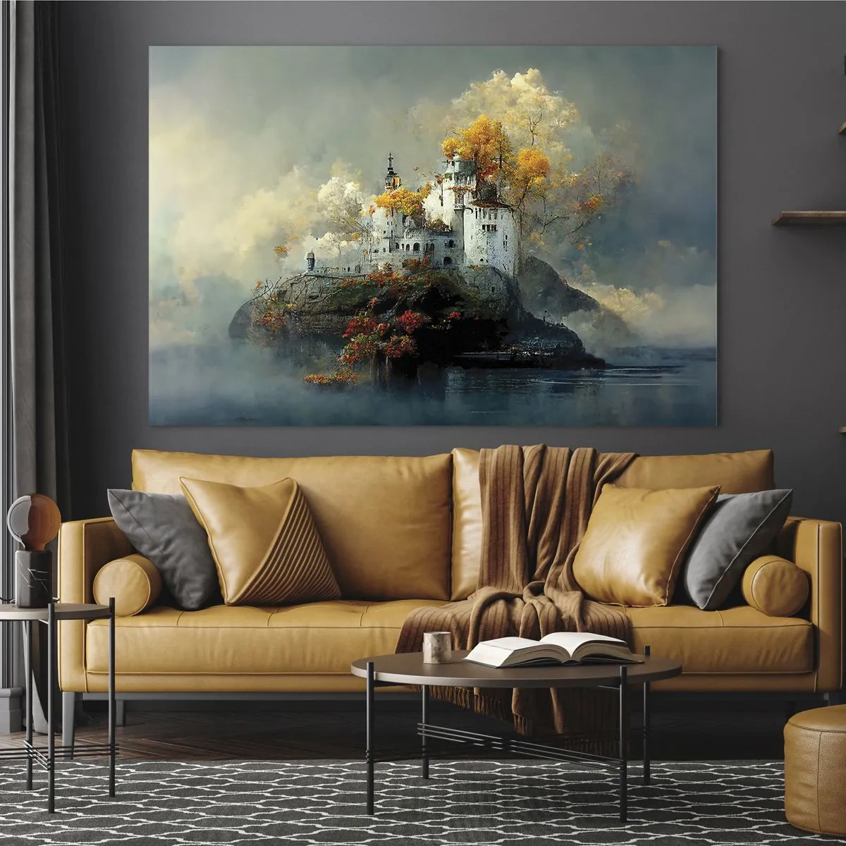 Glastavla - Bild på glas - Ett slott på en klippa omgivet av dimma och höstträd - 70x50cm - Början på en romantisk historia - Modern väggdekoration för vardagsrum och sovrum ARTTOR