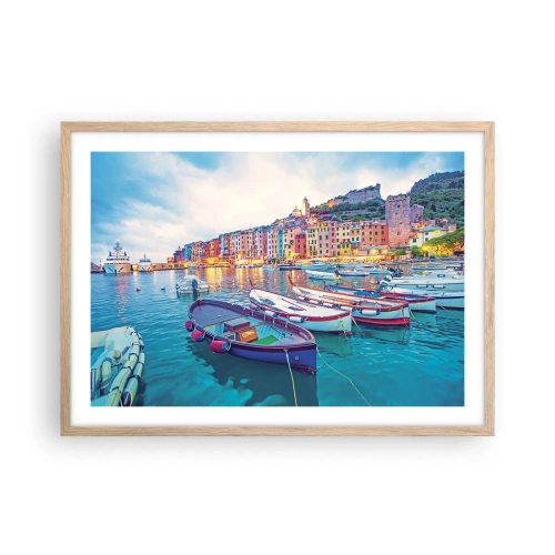 Affisch i ram av ljusek - Färgglad kväll i hamnen - 70x50 cm