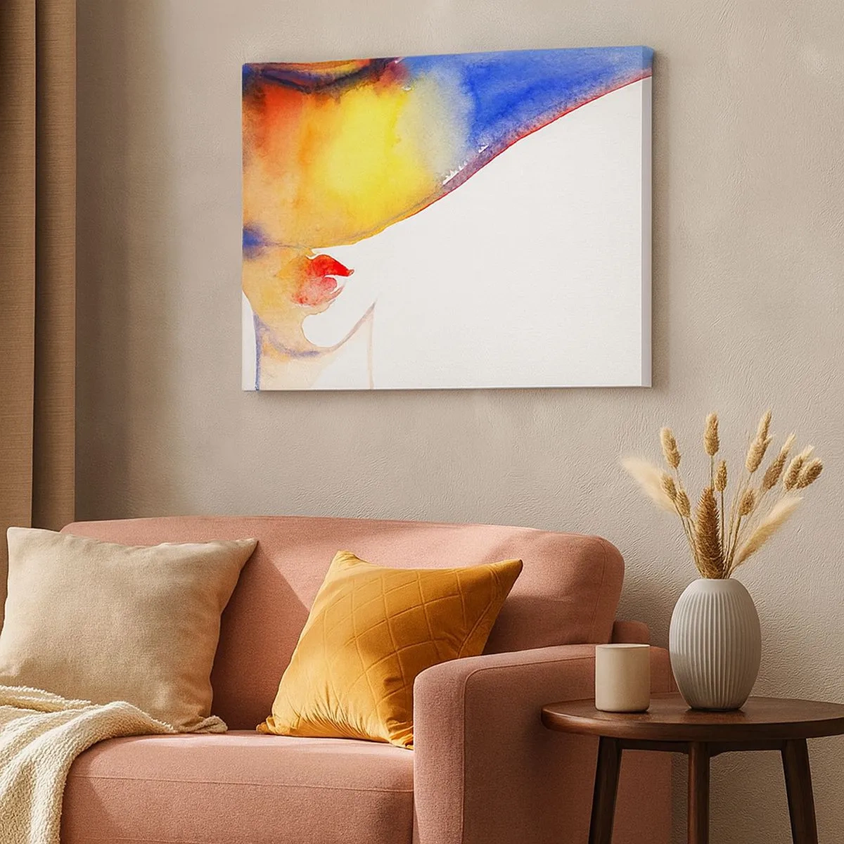 Canvastavla - Bild på duk - En minimalistisk akvarellmålning av en kvinnas profil med en färgglad hatt. - 70x50cm - Damporträtt    - Modern väggdekoration för vardagsrum och sovrum ARTTOR