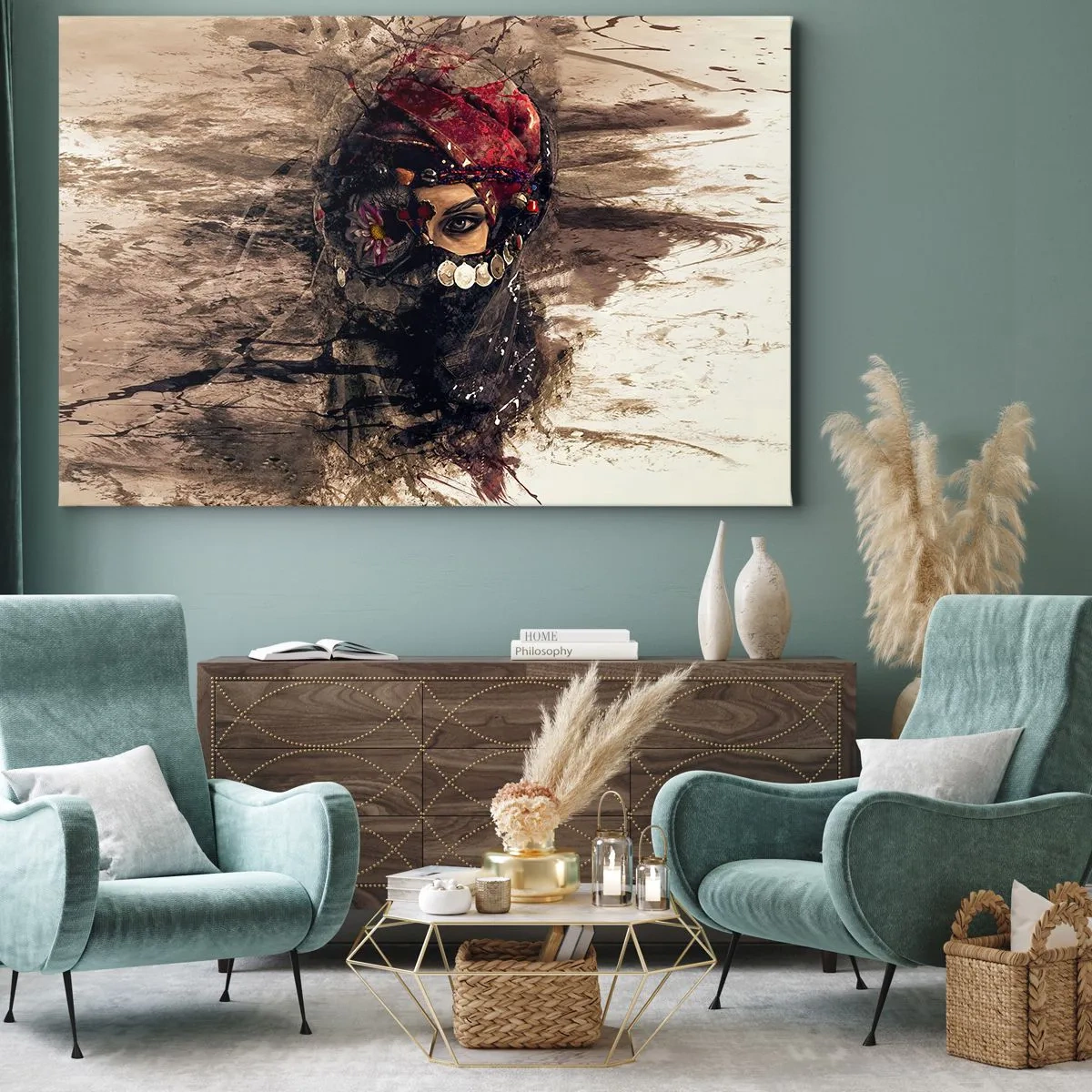 Canvastavla - Bild på duk - Konstnärligt porträtt av en kvinna i orientalisk klädsel mot en abstrakt bakgrund. - 70x50cm - Minst intrigerande - Modern väggdekoration för vardagsrum och sovrum ARTTOR