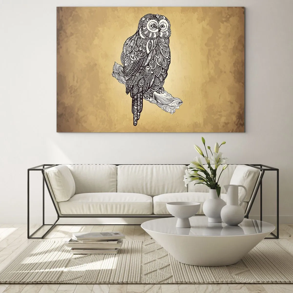 Glastavla - Bild på glas - Dekorativ uggla på en sepiabakgrund - 70x50cm - Invecklade ornament av visdom - Modern väggdekoration för vardagsrum och sovrum ARTTOR