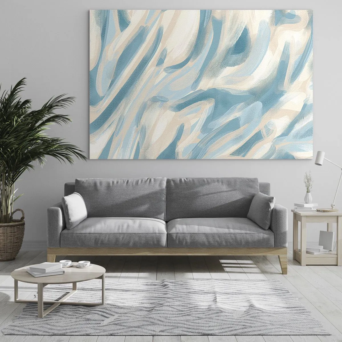 Glastavla - Bild på glas - Abstrakta penseldrag i blått och krämfärgat. - 70x50cm - Vårvindar - Modern väggdekoration för vardagsrum och sovrum ARTTOR