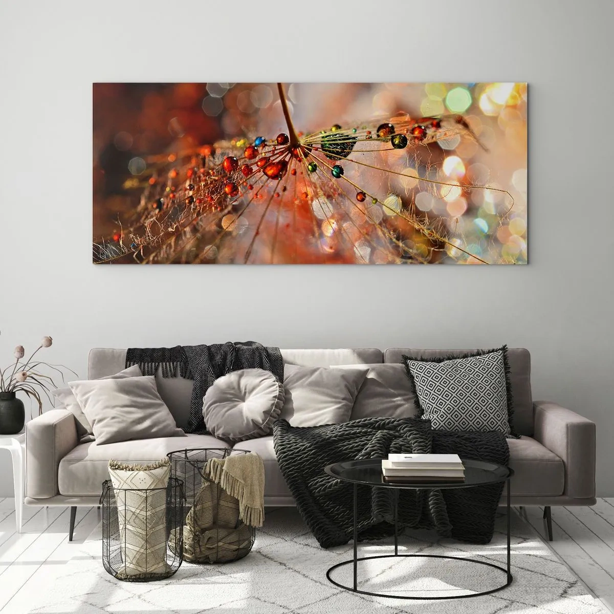 Glastavla - Bild på glas - Trädda på spindelnät - 120x50 cm