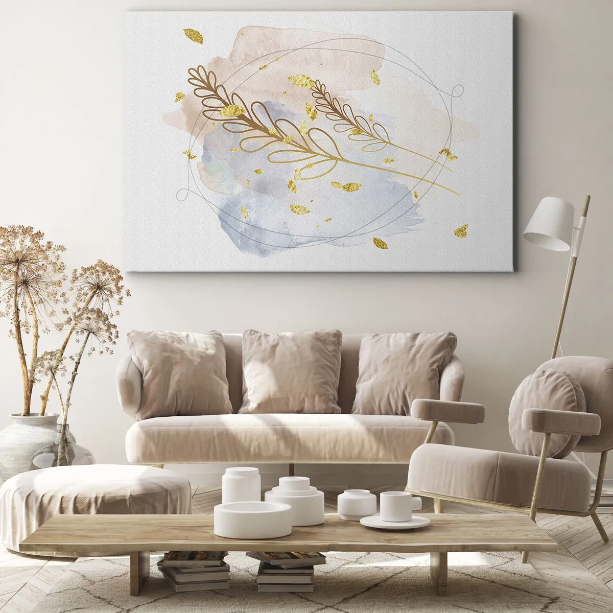 Canvastavla - Bild på duk - Ett fint gyllene bladmotiv på en pastellbakgrund med akvarelldetaljer. - 70x50cm - En gyllene explosion - Modern väggdekoration för vardagsrum och sovrum ARTTOR