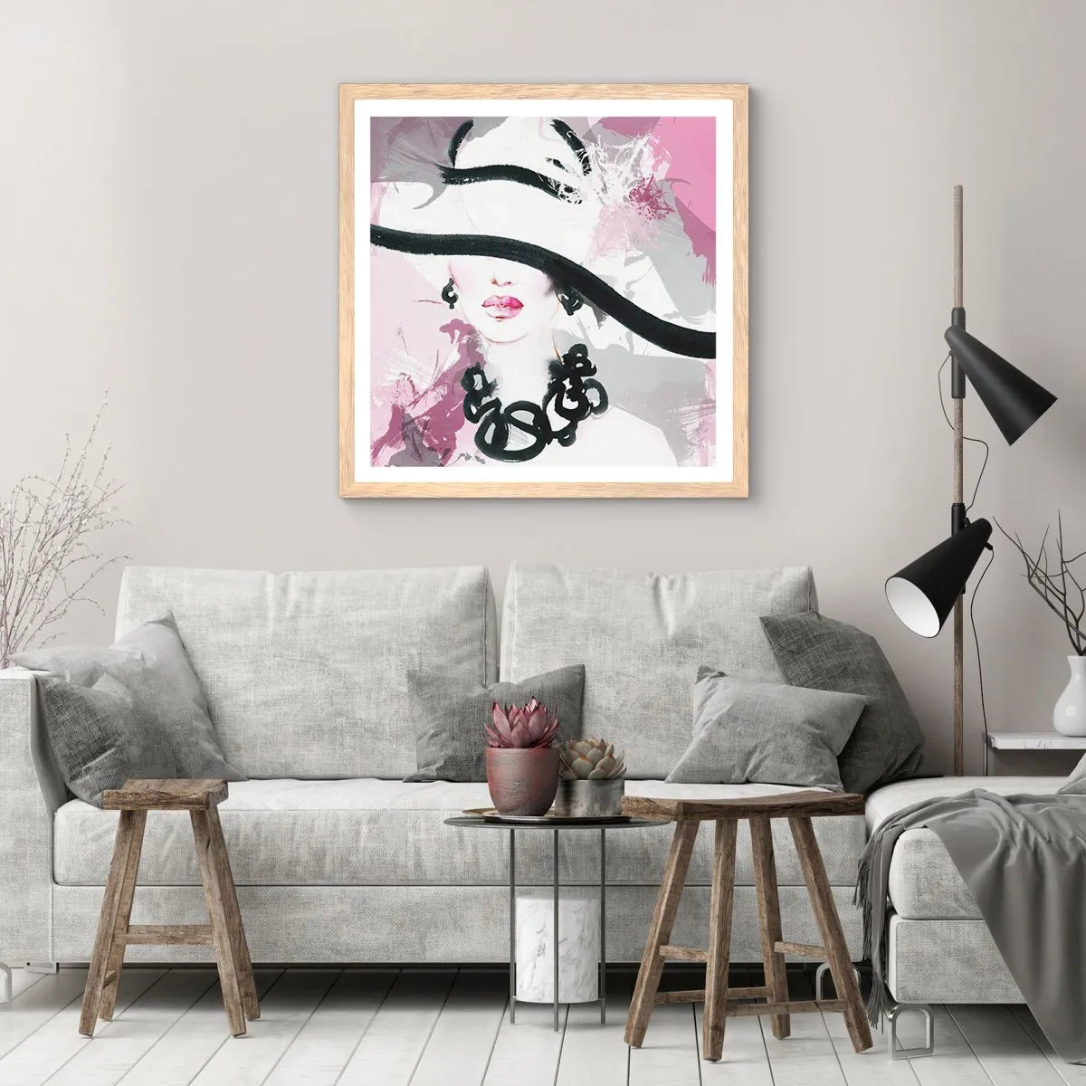 Affisch i ram av ljusek - En damportätt i svart och rosa - 60x60 cm