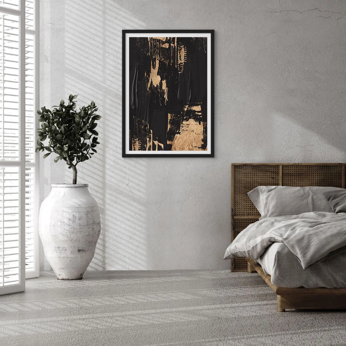 Affisch i svart ram - Abstrakt målningskomposition i svart och guld - 50x70cm - Ett spår av beröring - Modern väggdekoration för vardagsrum och sovrum ARTTOR