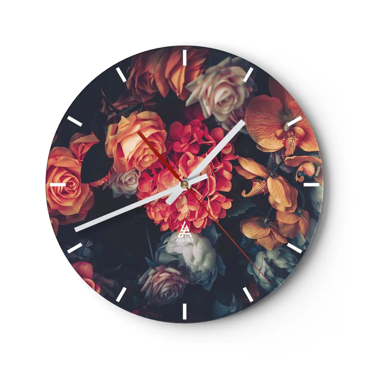 Väggklocka - Klocka på glas - Barockstil blomsterarrangemang mot mörk bakgrund - 30x30cm - Som hos de holländska mästarna - Modern väggdekoration för vardagsrum, kök och sovrum ARTTOR