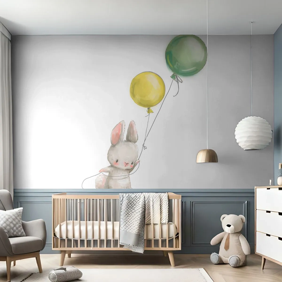 Fototapet Premium Sand - Jag flyger med! - För barn, Kanin, Färgglada ballonger - 100x70 cm