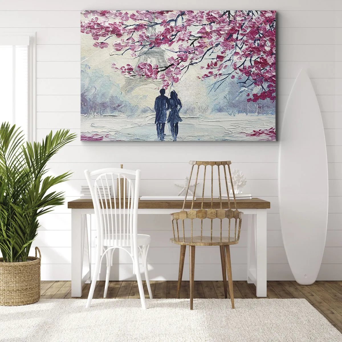 Canvastavla - Bild på duk - Ett par under blommande rosa träd i en romantisk miljö - 70x50cm - Romantisk promenad - Modern väggdekoration för vardagsrum och sovrum ARTTOR