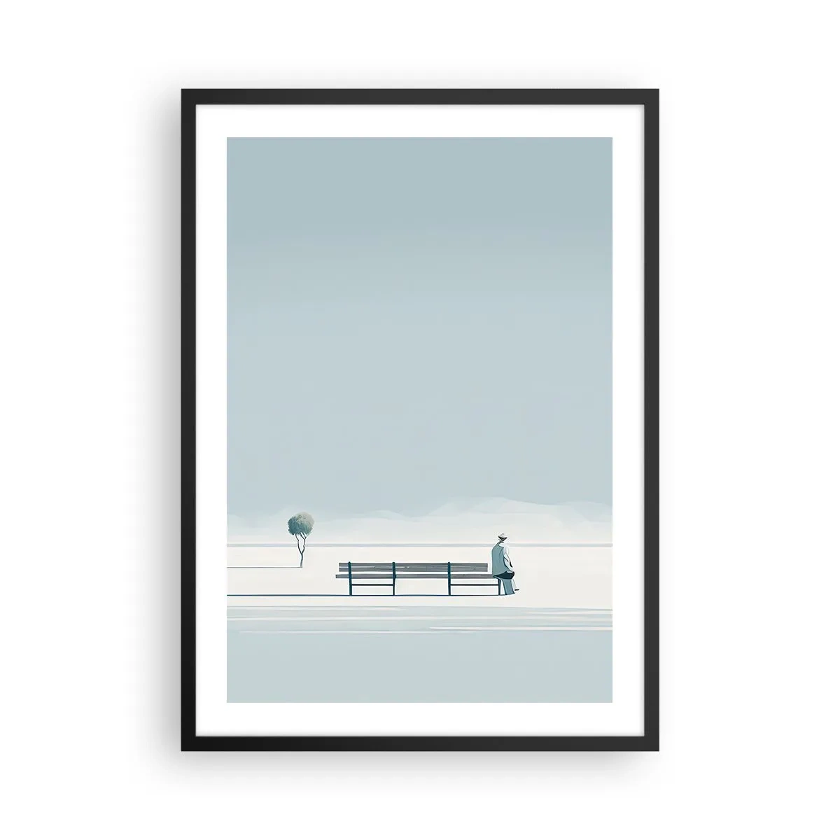 Affisch i svart ram - En person som sitter på en bänk i ett minimalistiskt, fridfullt landskap. - 50x70cm - Ja, jag väntar. - Modern väggdekoration för vardagsrum och sovrum ARTTOR