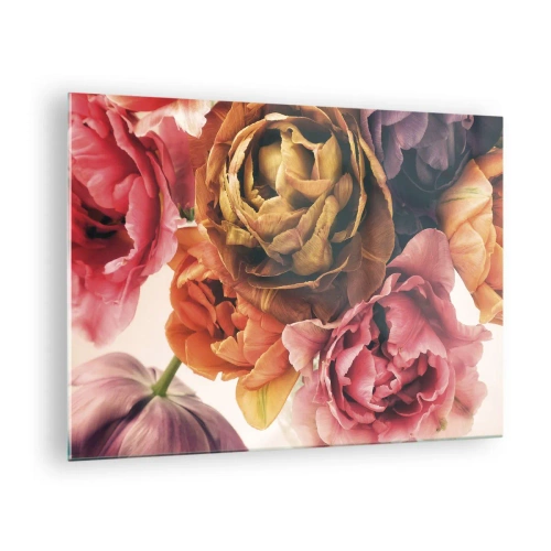 Glastavla - Bild på glas - En närbild av en bukett med flerfärgade blommor - 70x50cm - Livets högtid - Modern väggdekoration för vardagsrum och sovrum ARTTOR