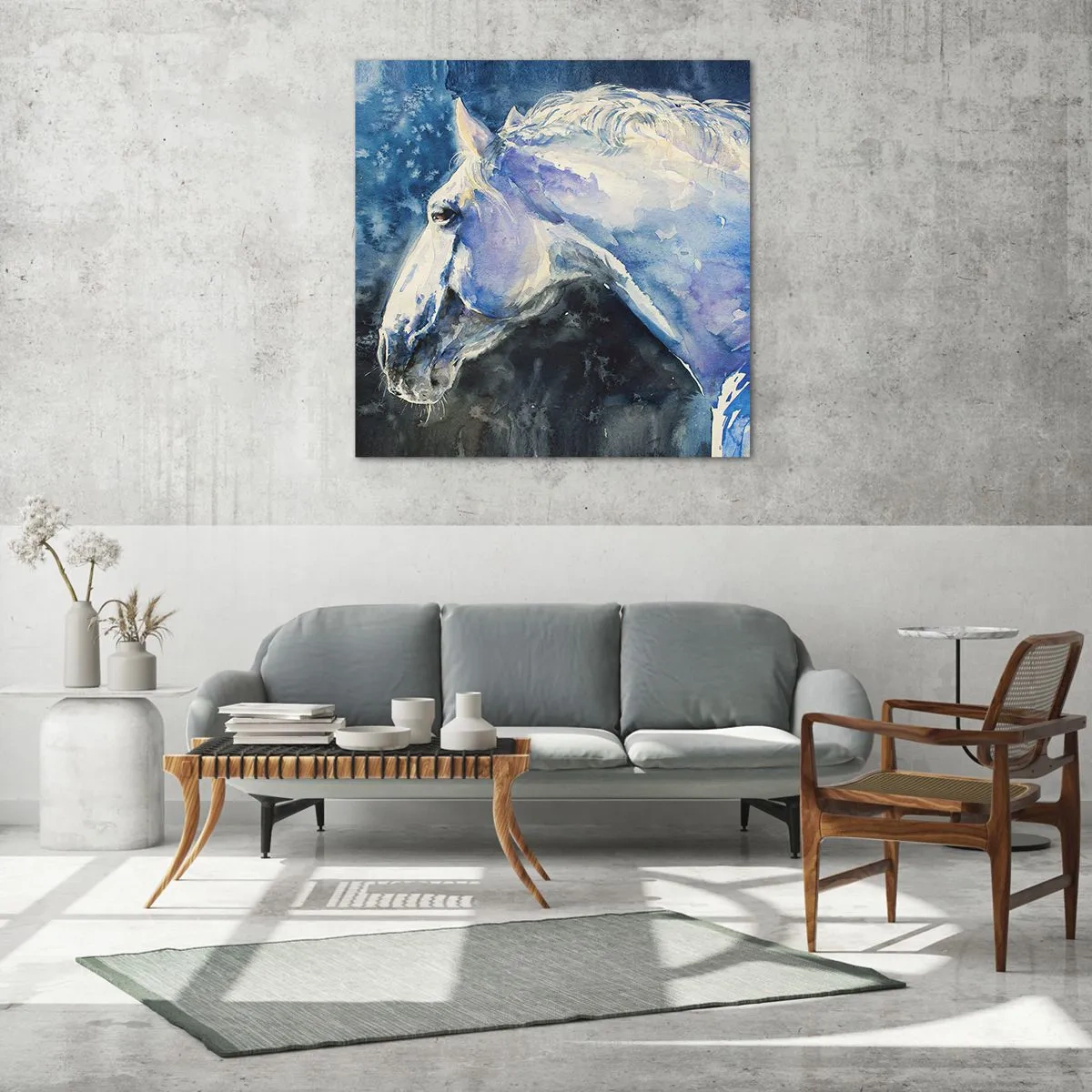 Glastavla - Bild på glas - Porträtt i blått sken - 40x40 cm