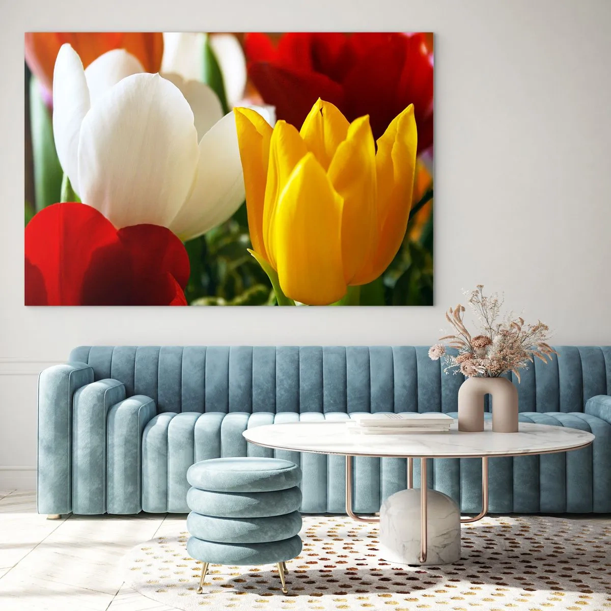 Glastavla - Bild på glas - Färgglada tulpaner närbild - 70x50cm - Tulpanfeber - Modern väggdekoration för vardagsrum och sovrum ARTTOR